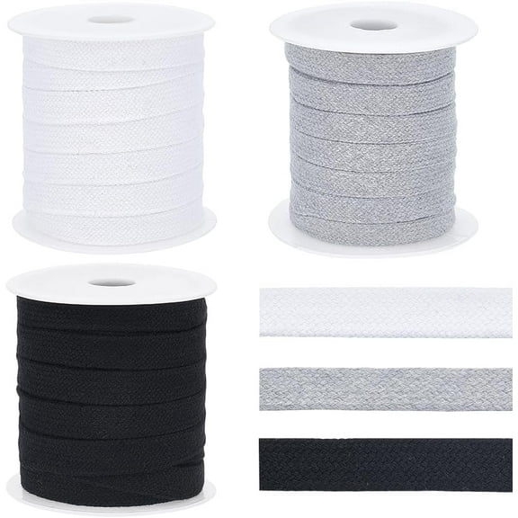 3 Rolls 32.8 Yards Flat Replacement Polycotton Cords 3 Colors Flat Double Hollow Drawstring Rope with Plastic Spools for Garment Accessories Pants Sweater 12~15mm