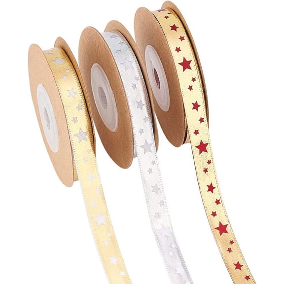 3 Rolls 32.82 Yards Star Theme Polyester Ribbons 0.39" Width Hot Stamping Star Pattern Lace Ribbons Single Sided Gifts Wrapping Ribbons for Christmas Birthday Wedding Party Decoration colorful