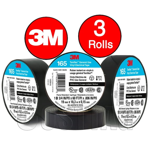 (3 Rolls) 3M TEMFLEX 165 ELECTRICAL TAPE BLACK 3/4" x 60 FT INSULATED ELECTRIC