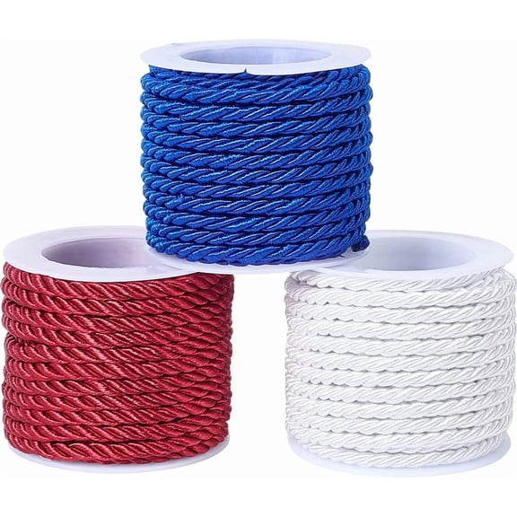 3 Rolls 3mm Red White Blue Nylon Twine Rope Elastic Xmas Decorative Honer Thread Satin Vintage Polyester Handfast Craft Twine Cord for Sewing Making Crafts Supply Home Decorations