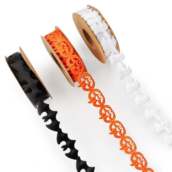 3 Rolls 5 Yards Halloween Ribbons, Spider Web Batnet Pumpkin Bat Shape for DIY Crafts, White Ghost Black Bat Orange Pumpkin Purple Spider Web Ribbons