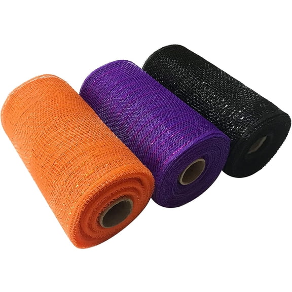 3 Rolls 6 inch x 30 feet Metallic Mesh Deco Poly Mesh Ribbon Roll, Metallic Foil Orange/Purple/Black Deco Mesh Ribbon for Wreaths, Swags and Halloween Decor