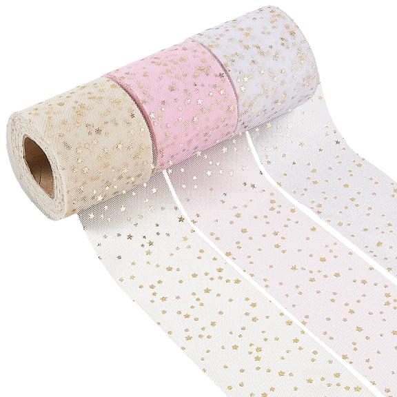 3 Rolls 72.17 Yards Gold Star Sequin Mesh Ribbon Multi Color Glitter Sheer Tulle Light Thin with Spools Fabric Ribbons for Sewing Making Wedding