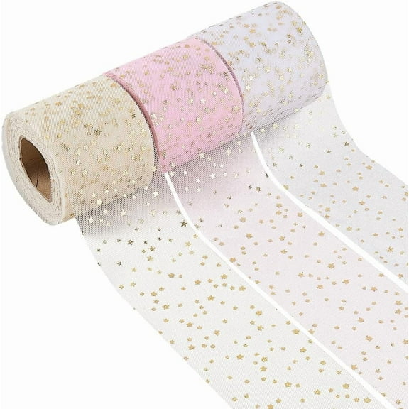 3 Rolls 72.17 Yards Gold Star Sequin Mesh Ribbon Multi Color Glitter Sheer Tulle Ribbons for Sewing Making Wedding Party Decor Gift Wrapping DIY Craft Supply Colorful DIY