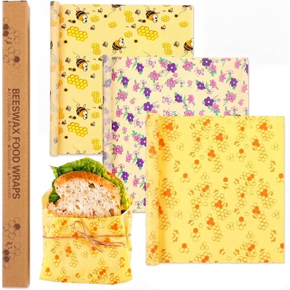 3 Rolls Beeswax Wraps for Food Reusable 13 x 39 Inch Cut to Size Beeswax Wraps for Food Organic Sustainable Biodegradable Zero Waste Plastic Free Foods Storage (Bees, New Beehive, Flower)