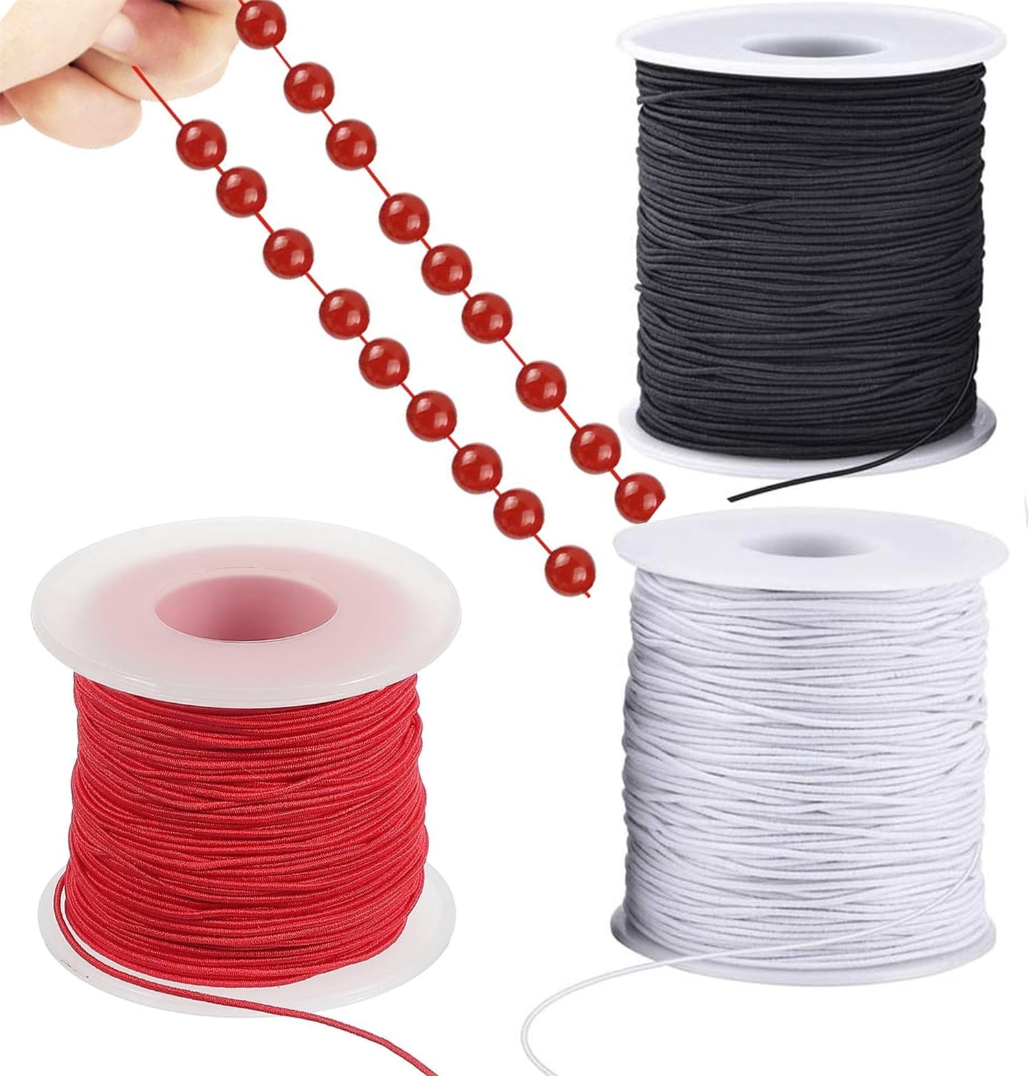 3 Rolls Bracelet String Elastic,Bexikou 1mm Stretchy Bracelet String,Sturdy Elastic Cord, Beading String for Craft Necklace Jewelry Making (Black + White + Red)