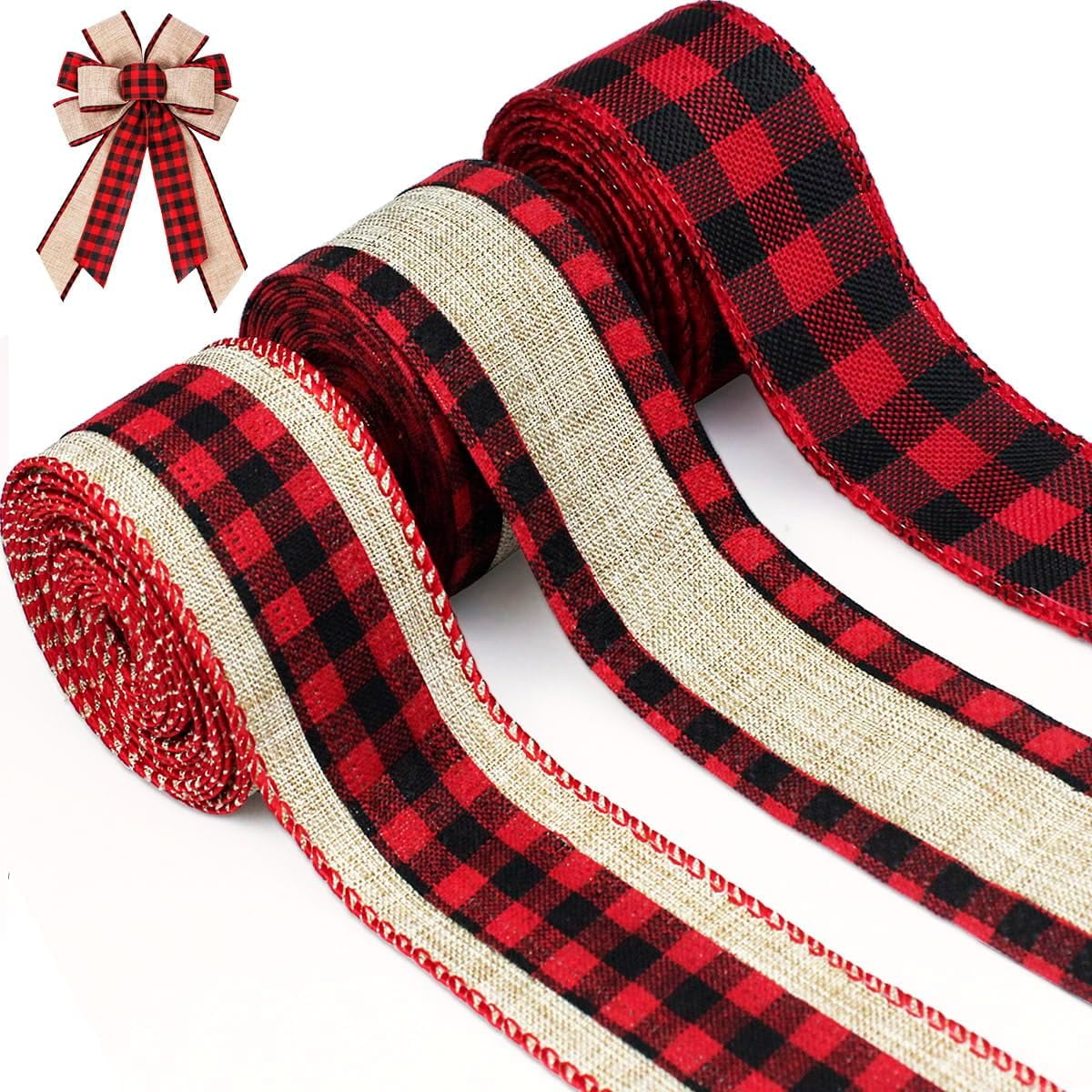 Boao Red Black Buffalo Plaid Wired Ribbon - 2 Rolls, 2.5 Inch Wide, 39.3 Ft Each, For Christmas Decor