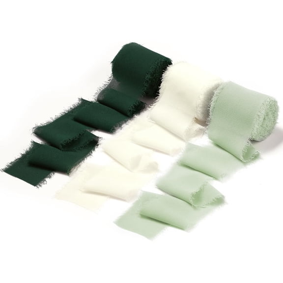 3 Rolls Chiffon Ribbon Rolls, 4cm x 5m, Chiffon Silk Ribbon with Fringe for Bridal Bouquets Wedding Invitations Floral Arrangements Gift Wrapping Home Decor (green series)