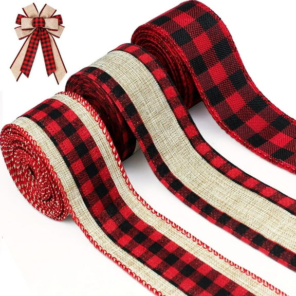 3 Rolls Christmas Buffalo Plaid Ribbon Wired Edge 9.9 Yard Plaid Burlap Ribbon Christmas Checked Burlap Ribbon for Christmas Tree Wrapping Crafts Decoration 1.5 inch Width, 3.3yards/Roll