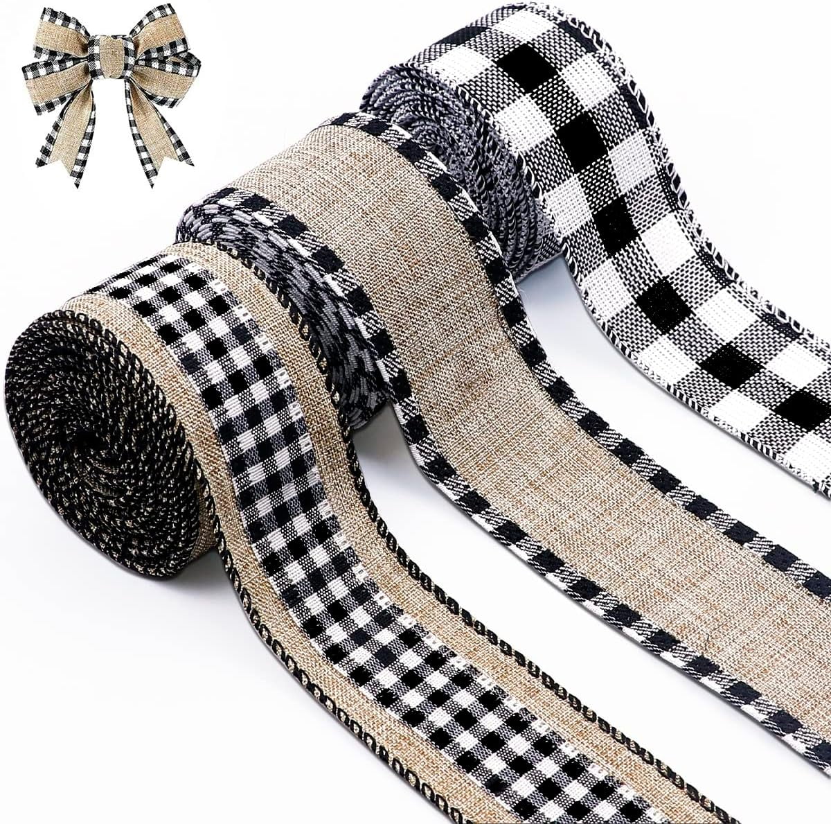 3 Rolls Christmas Buffalo Plaid Ribbon Wired Edge 9.9 Yard Plaid Burlap ...