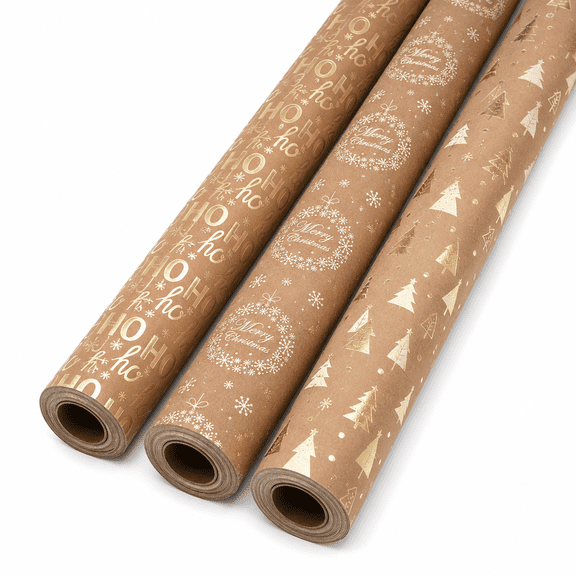 CANEDEN Christmas Holiday Gift Wrapping Paper Kraft Paper Gold Foil Print 3-Rolls