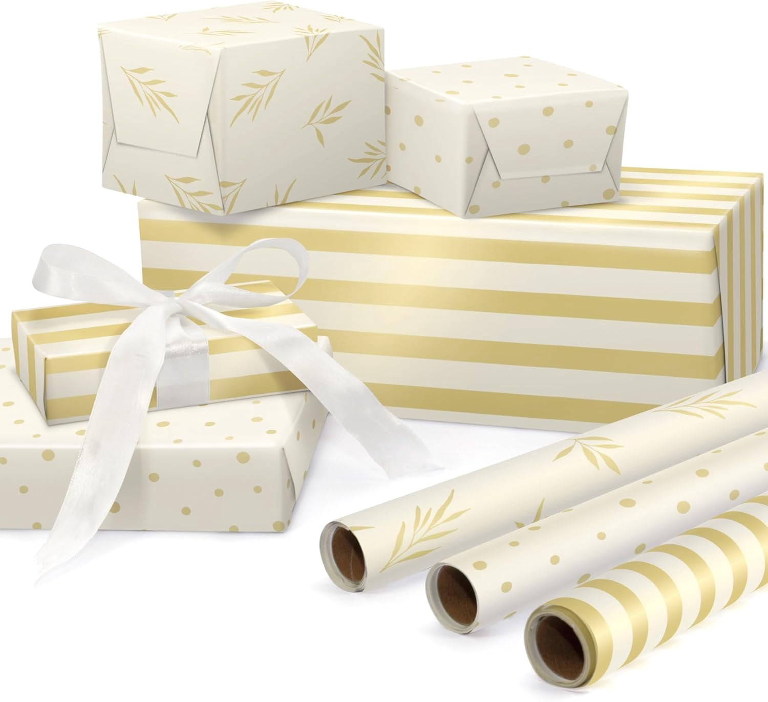 3 Rolls Christmas Gift Wrapping Paper Rolls Leaves Golden Stripes ...