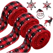 3 Rolls Christmas Snowflake Buffalo Plaid Ribbon Wired Edge Ribbon Black and Red Plaid Burlap Ribbon Christmas Check Burlap Ribbon for Christmas Wrapping Crafts Decoration, 6Yards/Roll