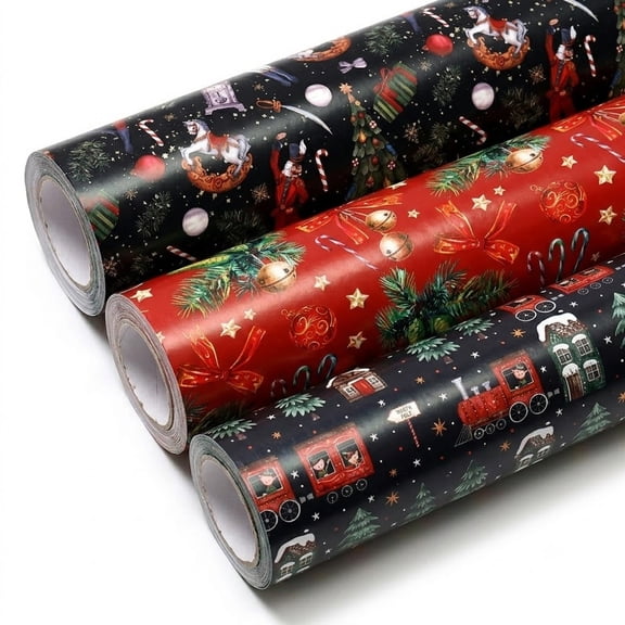 3 Rolls Christmas Wrapping Paper Set - Retro Nutcracker & Holiday Train, 41.9 Sq.Ft