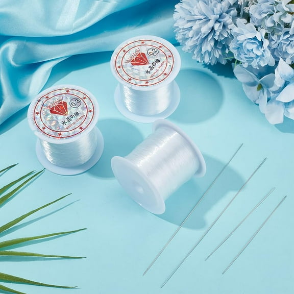 3 Rolls Clear Nylon Fishing Thread Wire 0.2mm 100m 0.3mm 60m 0.4mm 36m with Stainless Steel Collapsible Big Eye Beading Needles 4pcs Set Clear