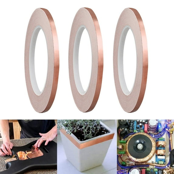 3 Rolls Copper Foil Tape Slug Snail Repellent Tape, Single-Sided Conductive Self Adhesive Copper Barrier Tape for EMI Shielding, Stained Glass, Guitar, Plants Protection - 6mmx10m
