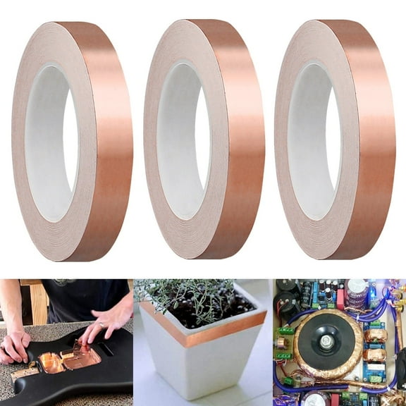3 Rolls Copper Foil Tape Slug Snail Repellent Tape,Single-Sided Conductive Self Adhesive Copper Barrier Tape for EMI Shielding, Stained Glass, Guitar, Plants Protection - 15mmx10m