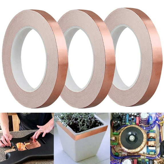 3 Rolls Copper Foil Tape Slug Snail Repellent Tape, Single-Sided Conductive Self Adhesive Copper Barrier Tape for EMI Shielding, Stained Glass, Guitar, Plants Protection - 12mmx10m