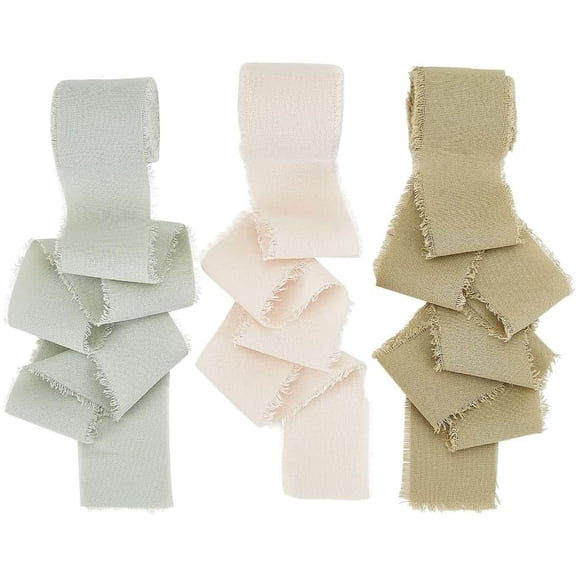 3 Rolls Cotton Frayed Ribbon Fringe Raw Edge Ribbon Gift Wrap Tape Ribbon Fabric Boho Ribbon for Flower Bouquet Gift Wrapping Wedding Invitations DIY Craft(Beige Yellow-Green Honeydew) Mixed Color