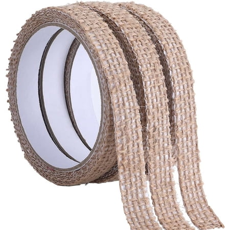 3 Rolls Flax Tape 1.5cm Wide Burlap Linen Decorative Tape Ribbon Sticky Craft Trim Self Adhesive Tape Sticker for Scrapbooking DIY Crafts Decoration Gift Wrapping Tan