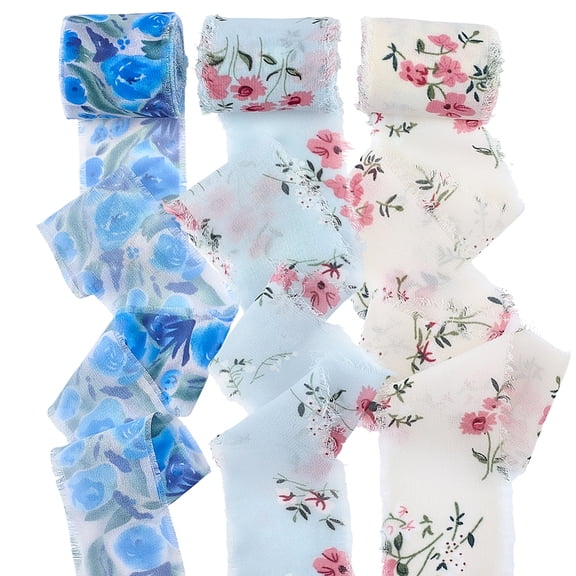 3 Rolls Floral Chiffon Ribbon Fringe Blue White 16Ydsx1.7In Handmade Frayed Edge Fabric Silk Ribbons Set DIY
