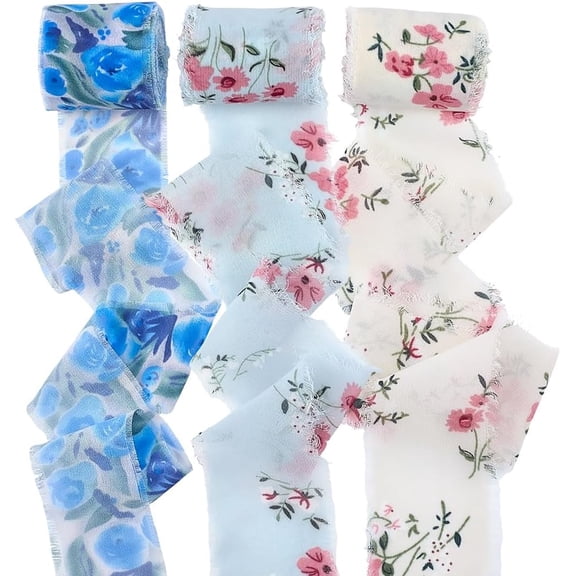3 Rolls Floral Chiffon Ribbon Fringe Blue White 16Ydsx1.7In Handmade Frayed Edge Fabric Silk Ribbons Set