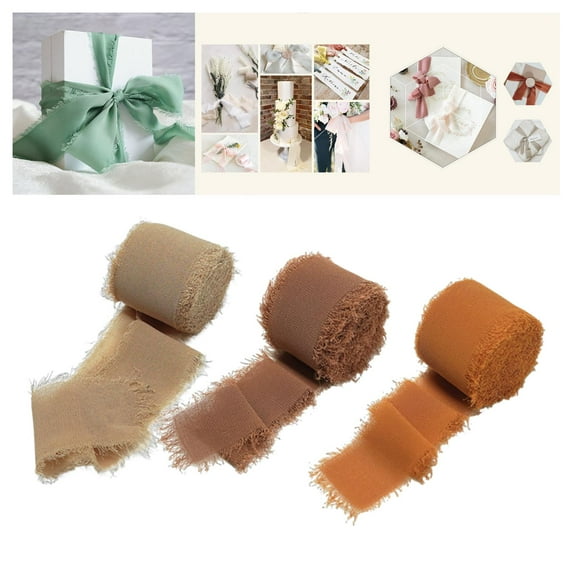 3 Rolls Fringed Chiffon Ribbon Gauze Smooth Ribbon 1.38" x 5m Smooth Ribbons for Brown Set