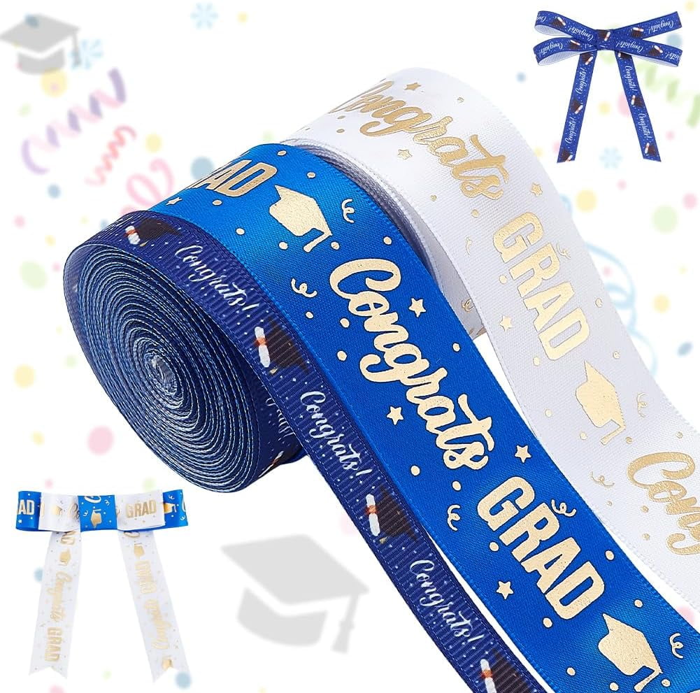 Graduation Ribbon Rav 3 Rolls Graduation Ribbon Blue White Congrats Grad Ribbons 1 Inch 3/8 ...
