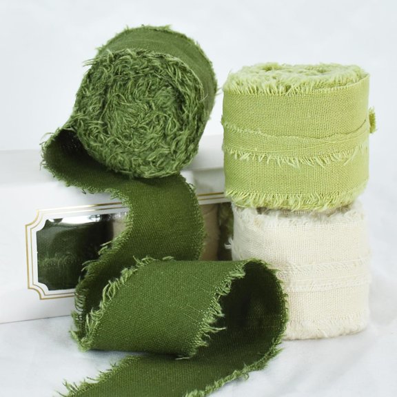 3 Rolls Green Sage White Cotton Ribbons Handmade Fringe Ribbon 1-1/2" x 15yd for Gift Wrapping, Bouquets Flower Bridal Wedding Invitations Valentines Christmas Decoration (5yd/roll green set -