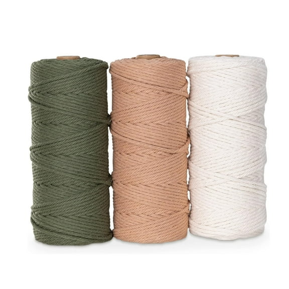 3 Rolls Green White Khaki Macrame Cord 3mm x 190 yards, Colored Macrame Rope, Cotton Rope Macrame Yarn, Colorful Cotton Craft Cord for Wall Hanging, Plant Hangers, Crafts, Knitting