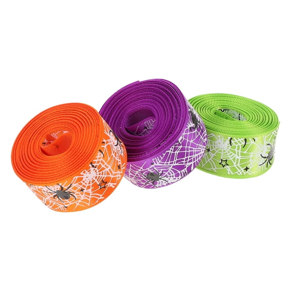 3 Rolls Halloween Craft Ribbon Cobweb Pattern Spooky Purple Orange Green Wired Edge Polyester for Party Decorations DIY Projects