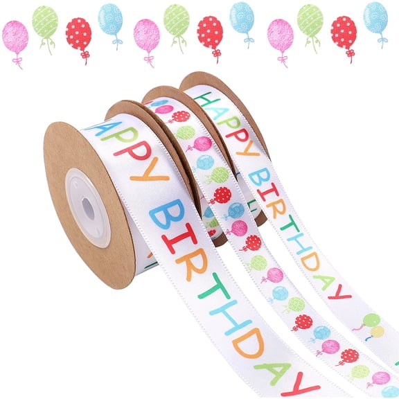 3 Rolls Happy Birthday Ribbon, 3/5" and 1" Wide Cake Ribbons, White Satin Polyester Ribbon for Gift Wrapping, Flower Bouquet, Party Decoration, Bow Making, 30 Yards - roll
