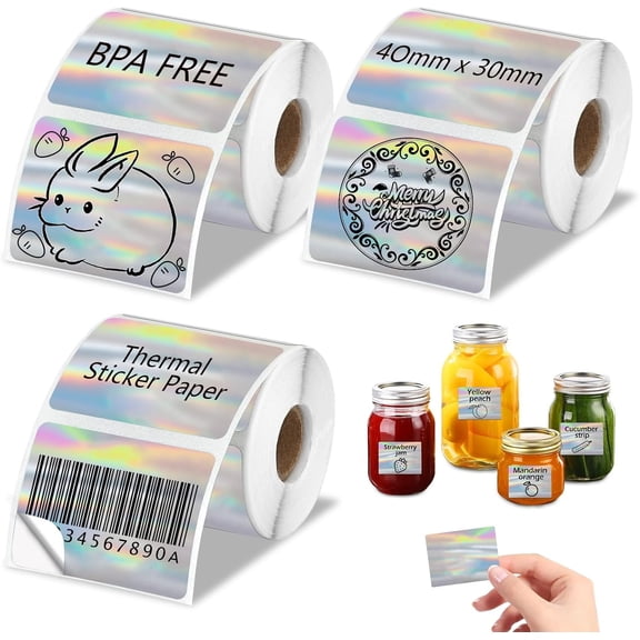 3 Rolls Holographic Thermal Labels 40 * 30mm Square Sliver Custom Sticker for M110/M220/M120/M221/241BT Label Maker Printer Label Paper for Name,Logo,Barcode,Price