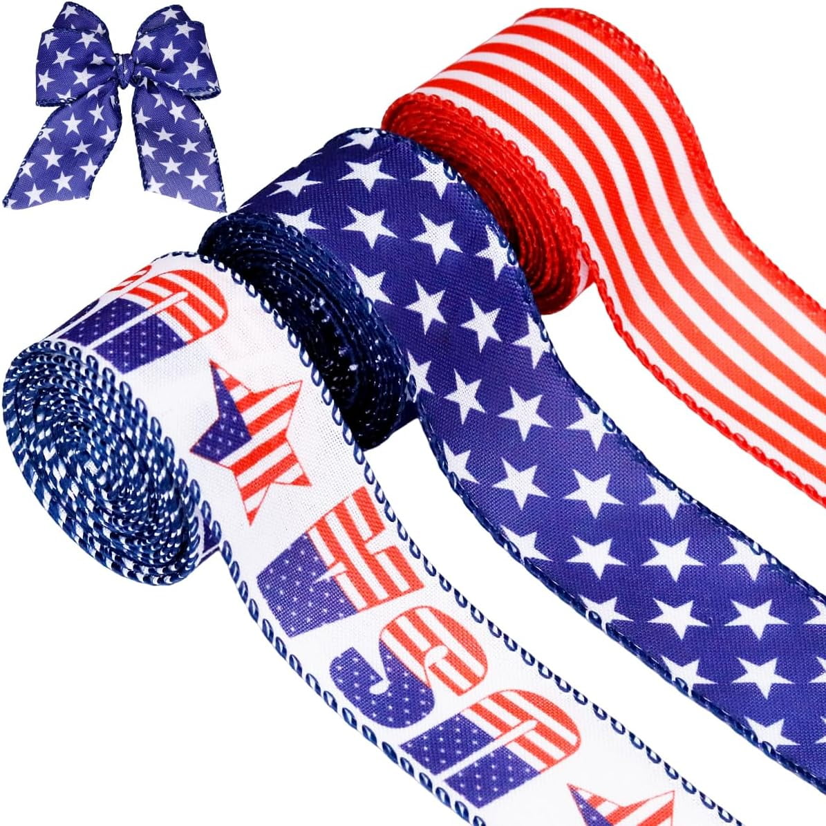 3 Rolls Patriotic Wired Edge Ribbon 9.9 Yard 4th of July Stars and ...