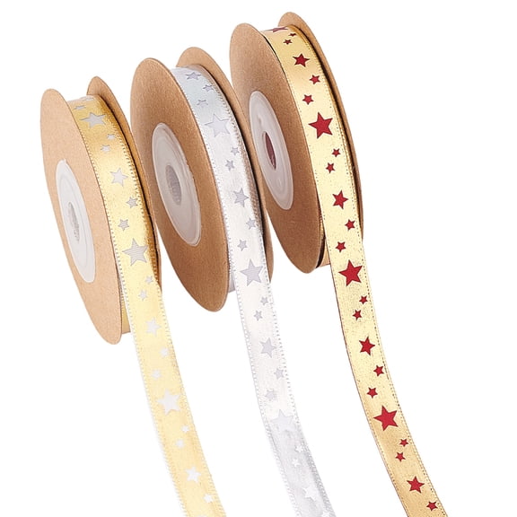 3 Rolls Polyester Ribbons with Hot Stamping Star Pattern for Party Gifts Wrapping Mixed Color 3/8 inch(10mm) 10.94 Yards(10m)/roll 1 roll/color