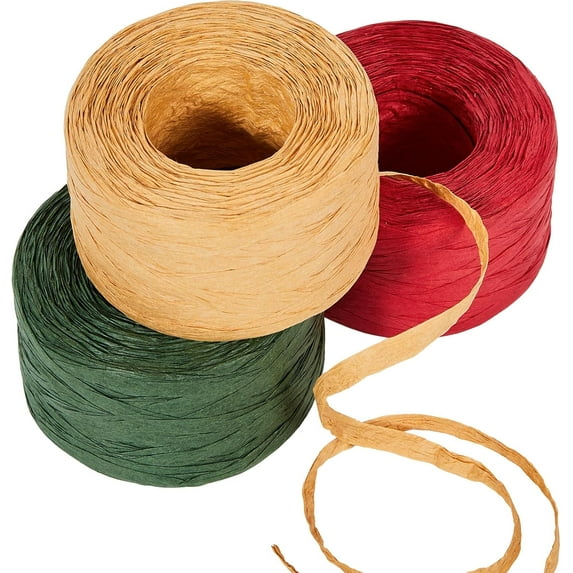 3 Rolls Raffia Ribbon Twine String, 540 Feet Christmas Wrapping Paper for Crafts, Red Green Natural Christmas Ribbon for Gift Wrapping, Raffia Yarn for Holiday DIY Supply, 180 Feet Each Roll