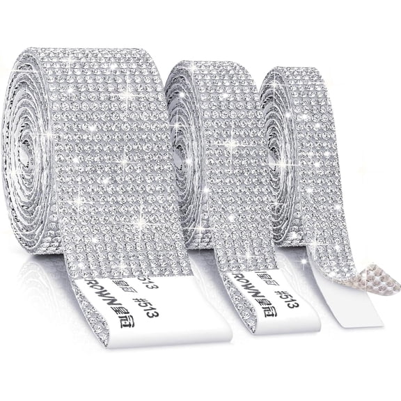 3 Rolls Rhinestone Ribbons, Silver Self Adhesive Rhinestone Strips, Diamond Rhinestones Roll Rhinestones Tape Bling Wrap, Bling Stickers for Crafts Decoration Car DIY Wedding Party