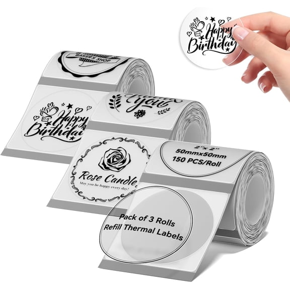3 Rolls Round Clear Labels for B1 B21 B3S K3 Label Maker, 2'' x (50x50mm) Printer Labels, Food Jars, Personalized Editable Home/School/Office