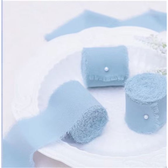 3 Rolls Sky Blue Chiffon Ribbon, 4cm x 5m, Chiffon Silk Ribbon with Fringe for Bridal Bouquets Wedding Invitations Floral Arrangements Gift Wrapping Home Decor