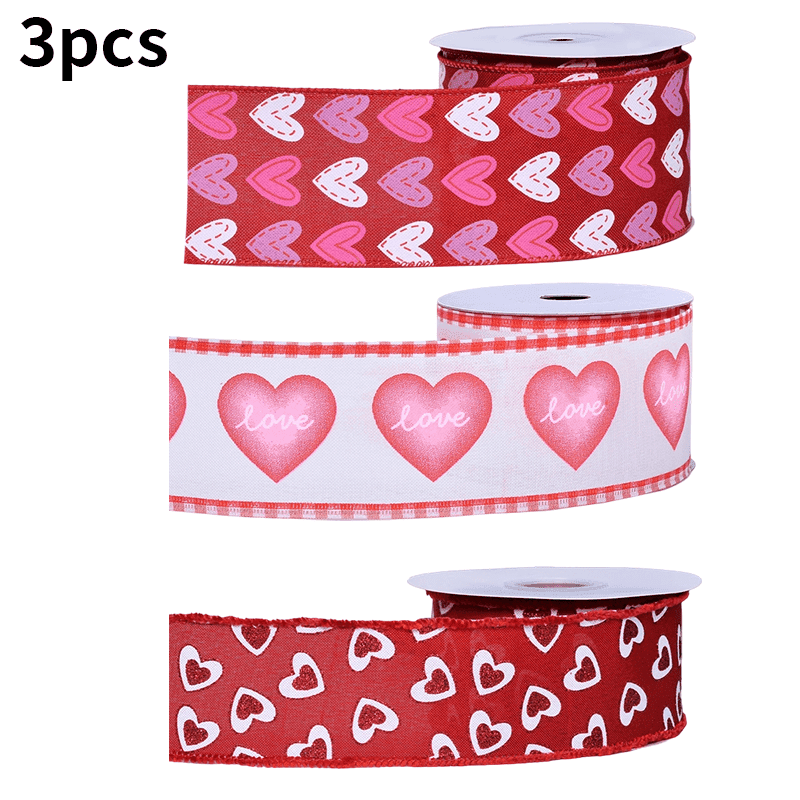 3 Rolls Valentine's Day Red Heart Ribbon, Each 2.5" X 10 Yard, Wired Heart Pattern Packaging Tape for Wreath Bow Wrapping Gifts & Party Supplies, Wedding Decorations