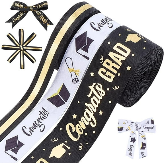 3 Rolls x 15 Yards Graduation Ribbons 2025 Grosgrain Ribbons Class of 2025 Ribbon Leis Congrats Grad Fabric Ribbon for Gift Wrapping Graduation Party Decorations Supplies 3/8 5/8 1 Inch