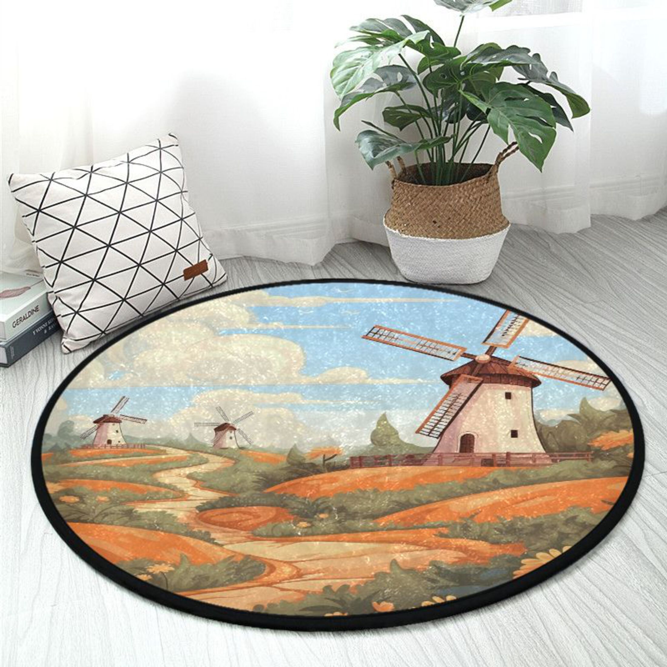 3' Round Area Rugs Plush Rug Windmill and Flowers NonSlip Door Mats