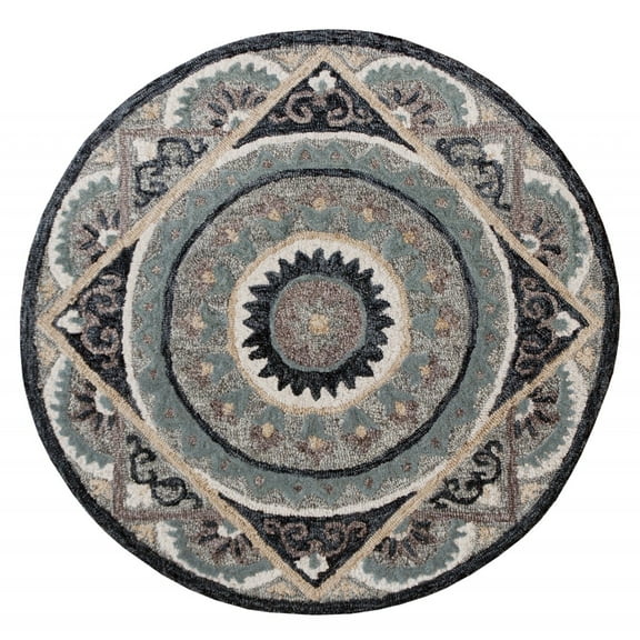 3â€™ Round Gray Geometric Medallion Area Rug