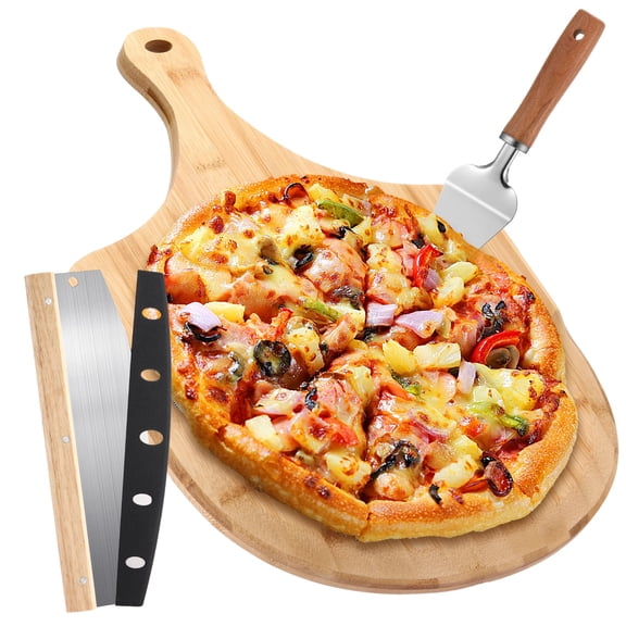 3 Round Pizza Stone Set with 12" x 17" Foldable Handle Peel and Rocker for Baking Homemade Bread Cookies