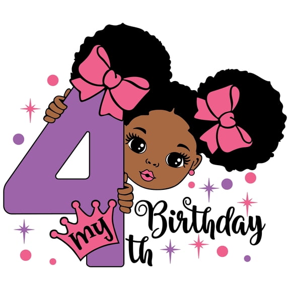 My 4th Birthday African American Cartoon Girl Edible Image Cake, Cupcake & Cookie Toppers, by TNCT (6 Count)