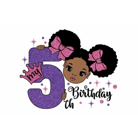 My 5th Birthday African American Cartoon Girl Edible Image Cake, Cupcake & Cookie Toppers, by TNCT (6 Count)
