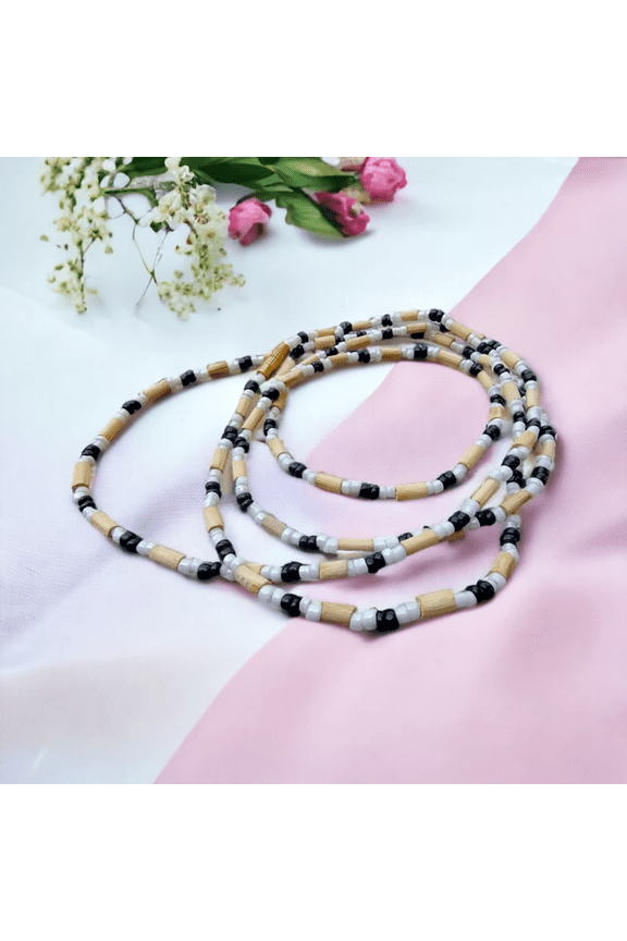 3 Round Tulasi Kanti Mala Tulsi Wood Necklace With Combination Of Black Crystal Beads