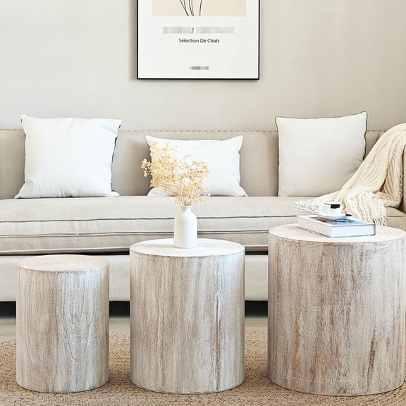 3 Round Wood Coffee & End Tables | Add a Natural Touch to Home | Durable Solid Wood with Smooth Finish | Nesting for Easy Storage
