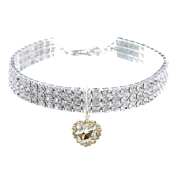 3 Rows Rhinestone Stretch Pet Collar Necklace, Bling Love Heart Pendant Dog Cat Collar, Adjustable Sparkling Pet Jewelry for Small Dogs Cats Party Wedding
