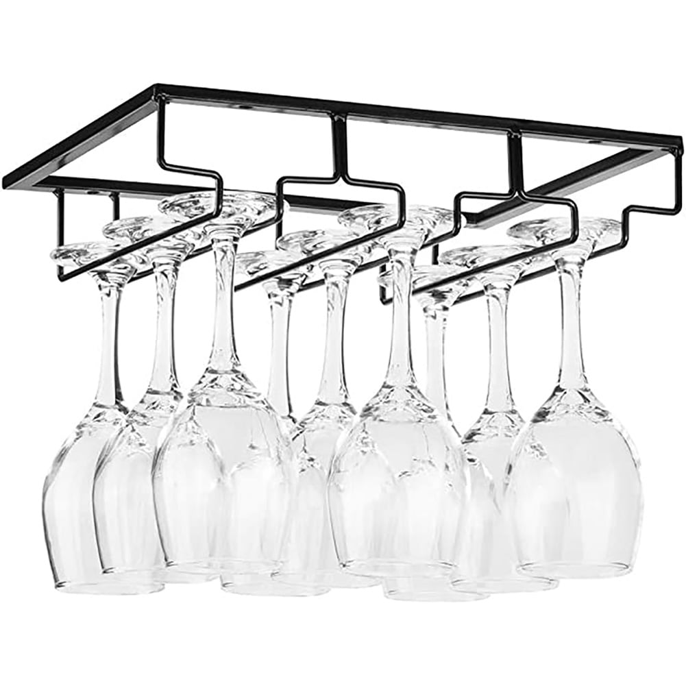 3 Rows Wine Glass Holder Under Bar Kitchen Black Metal